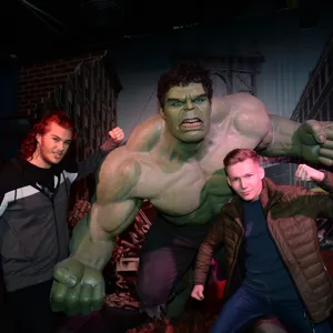 Guests next to Thor wax figure at Madame Tussauds Blackpool