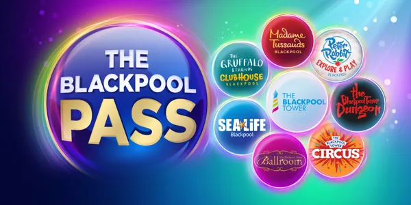 The Blackpool Pass logo to the left of eight Merlin Blackpool attraction logos.