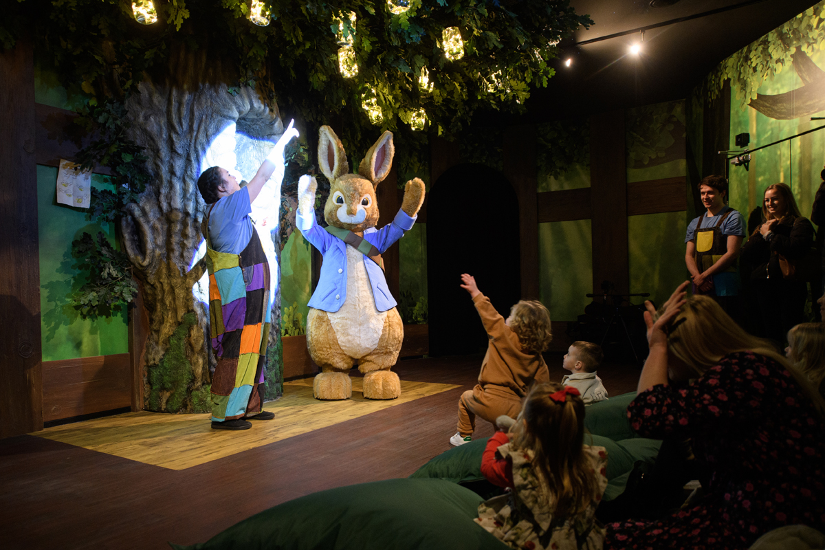 Children at the Secret Treehouse meeting Peter Rabbit at Peter Rabbit Explore and Play attraction Blackpool