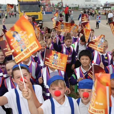 School children dressed as clowns to visit the Blackpool Tower Circus