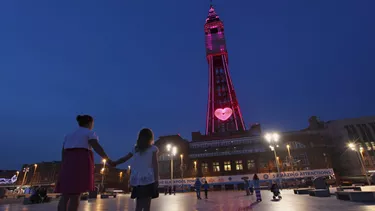 Blackpool Tower Lit up in the evening with pink heart