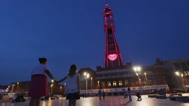 Blackpool Tower Lit up in the evening with pink heart