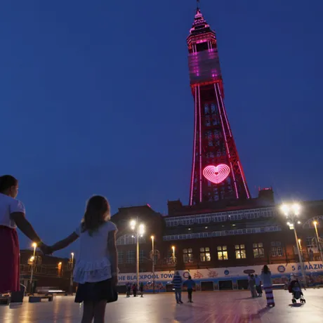 Blackpool Tower Lit up in the evening with pink heart