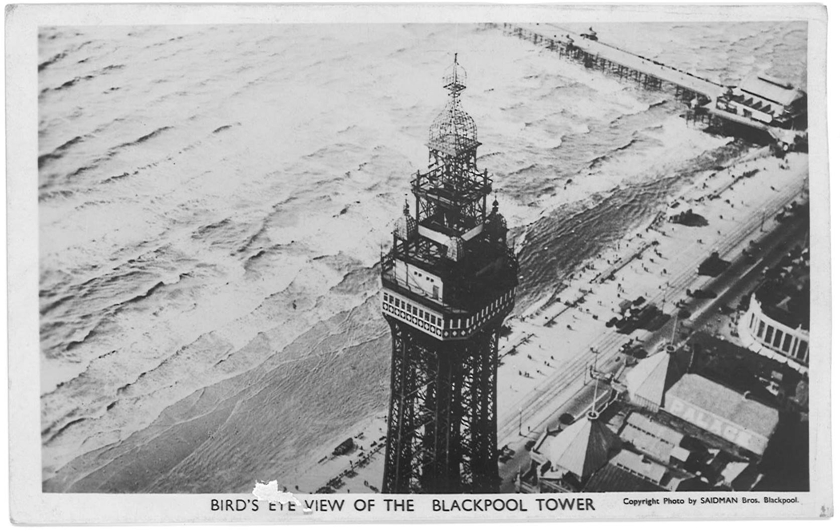 Birds eye black and white view of the Blackpoo Tower 
