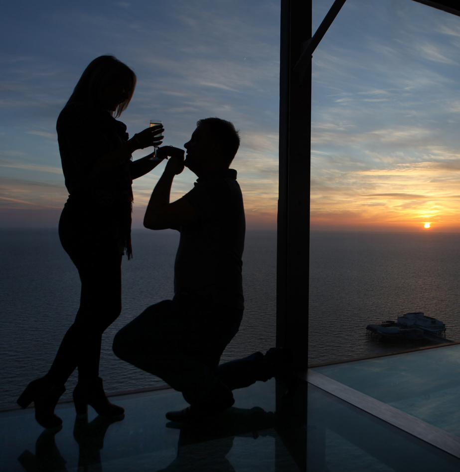 Proposal at the top of the Blackpool Tower Eye at sunset